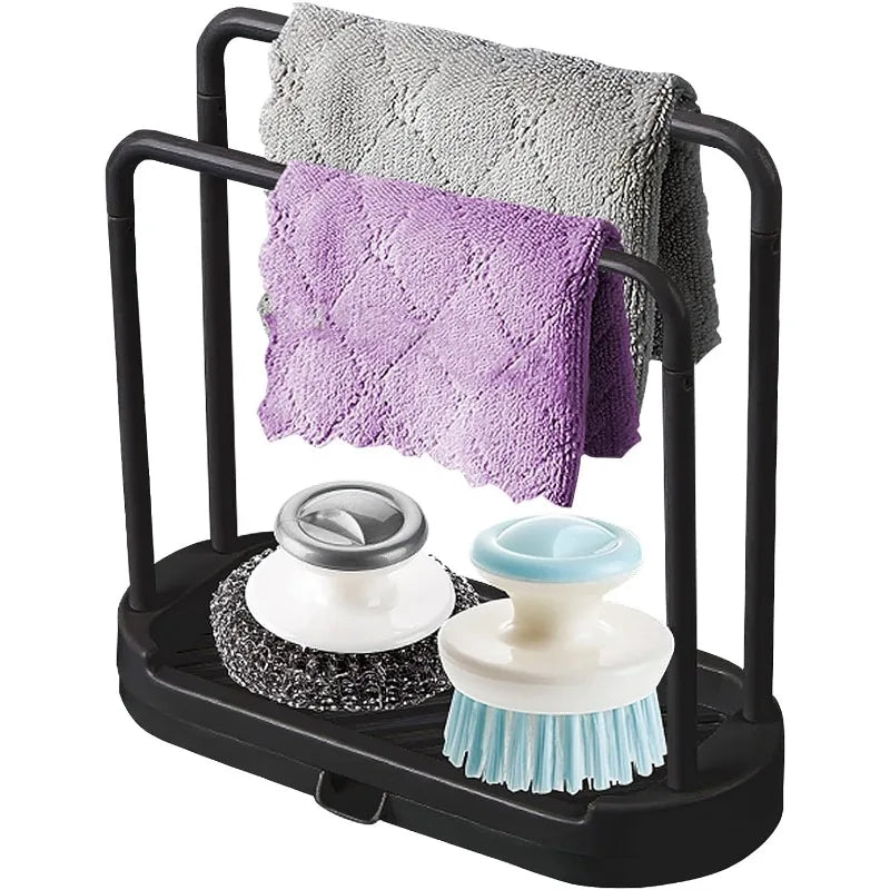 Kitchen Sink Rack Tray Organizer Stand for Sponge, Dish Cloth, Rag, Brush, Scrubber Storage and Organization (Black)