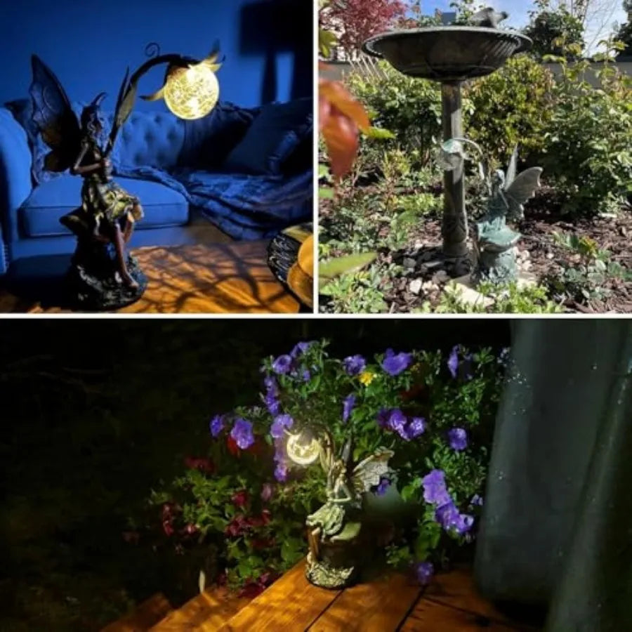 Garden Statues Fairy Sculptures and Statues, Outdoor Solar Light Garden Decor Resin Patina Bronze Figurines for Outdoor Decor,