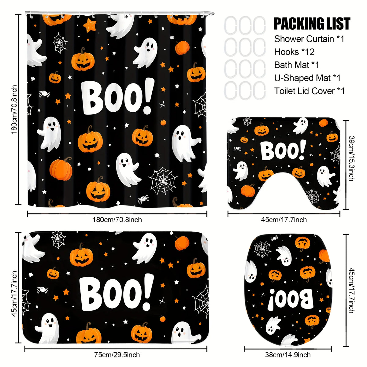 4pcs Halloween Boo Pumpkin Lantern Ghost Shower Curtain Set, Halloween Decor Bathroom Curtain Set with 12 Hooks Included Non-Slip Bathroom, Toilet U-Shaped, Toilet Lid Cover, Bathroom Additions Halloween Gift