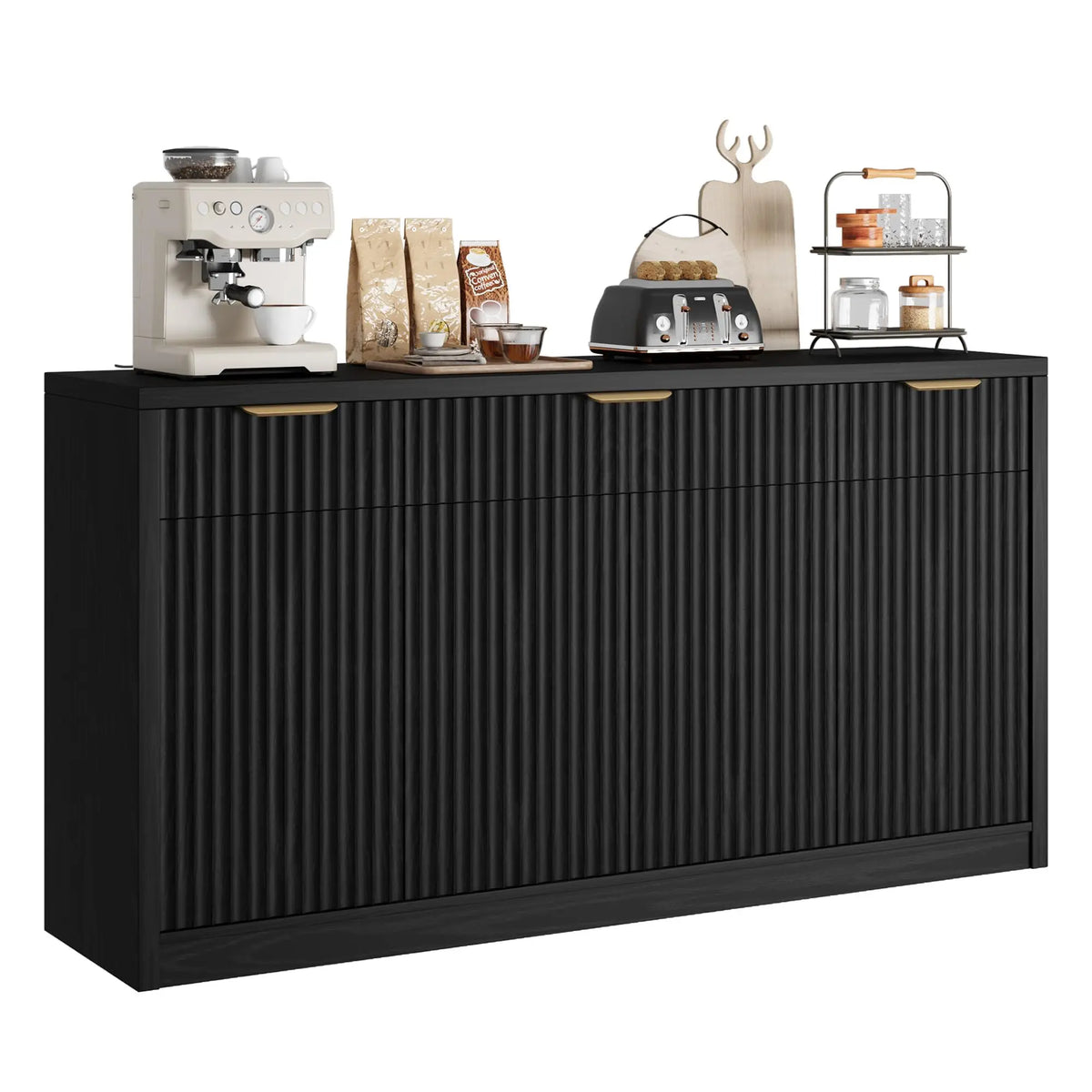 55 Inch Fluted Buffet Sideboard Cabinet With 3 Drawers, 4 Doors & Adjustable Shelves, Kitchen Coffee Bar Dining Room Storage