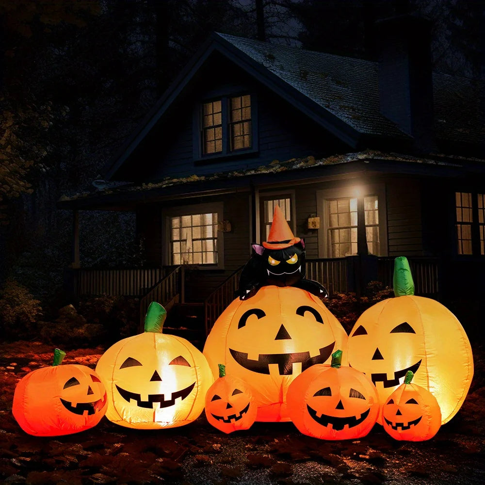7 FT Long Halloween Inflatables Pumpkin Outdoor Decorations 7 Pumpkins Outside Decoration with Witch's Cat with Build-in LEDs Blow Up Inflatables for Party Yard Lawn Garden Decor