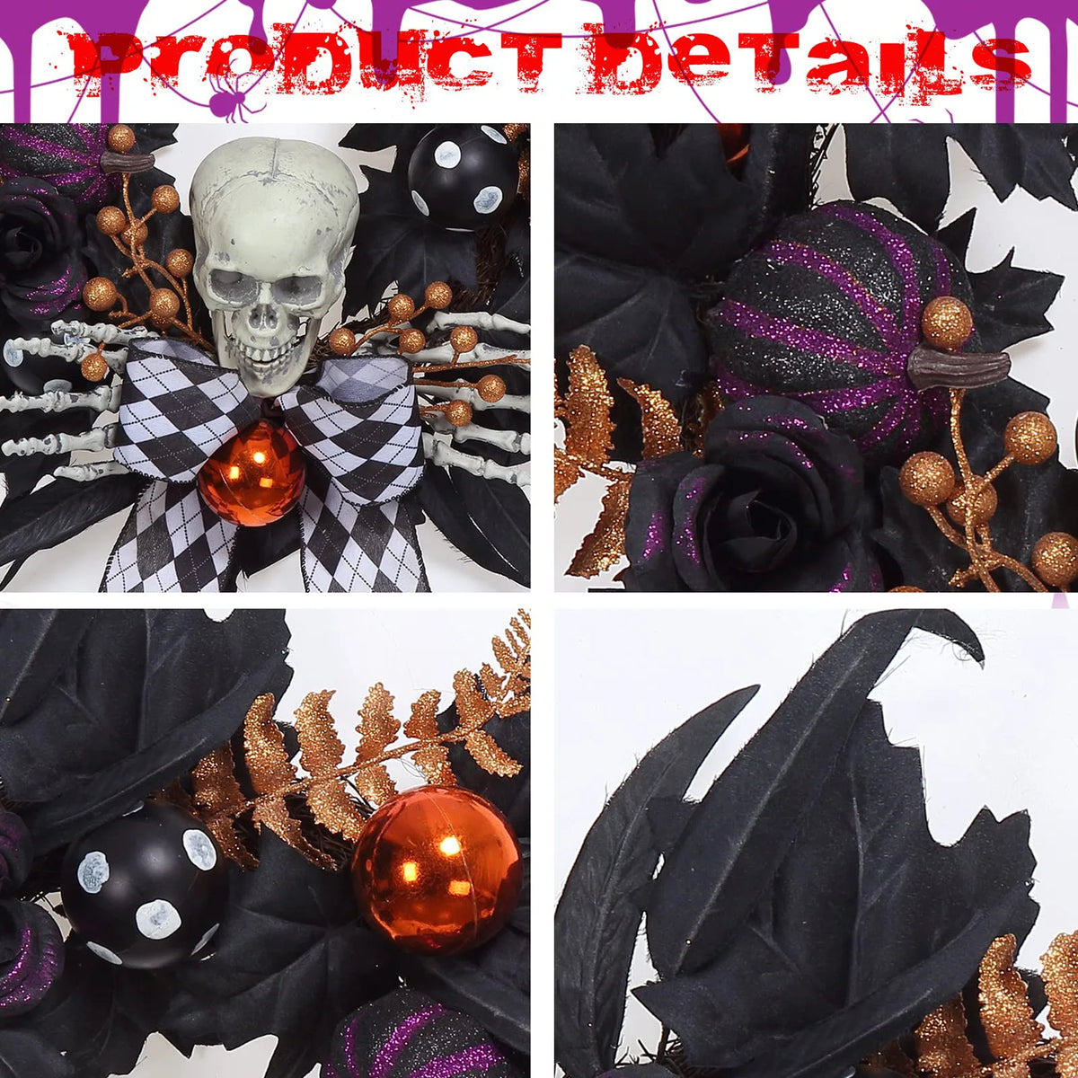 20in Halloween Skeleton Wreath Gothic Skull Hands Black Feathers Pumpkins Front Door Porch Wall Window Party Decor Indoor Outdoor