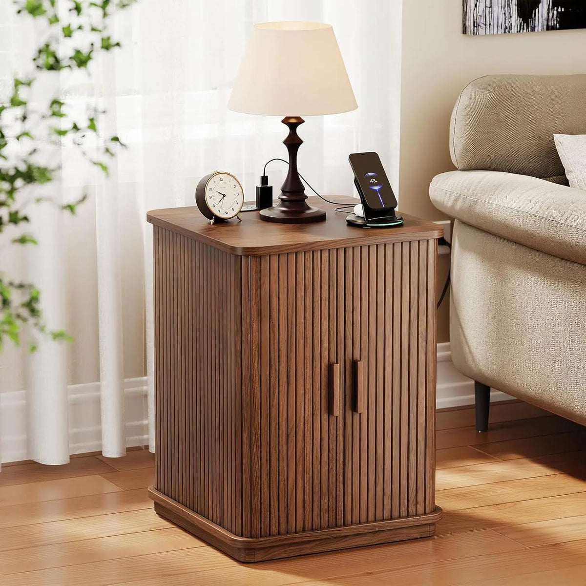 ONBRILL USB Charging Nightstand With Fluted Storage And Power Outlet