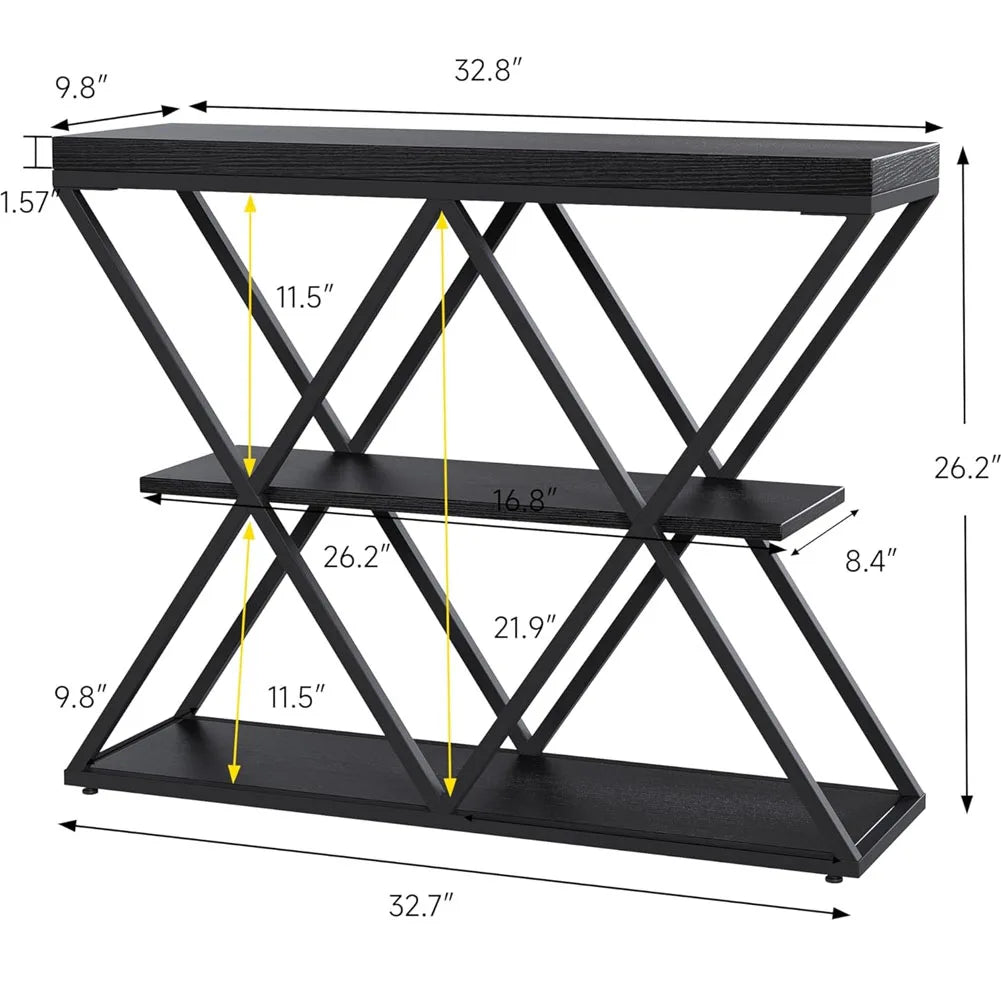 3-Tier Console Table, Slim Entryway Sofa Table with x-Shaped Metal Legs, Open Storage Shelves, for Living Room/Hallway, Rustic Farmhouse Style