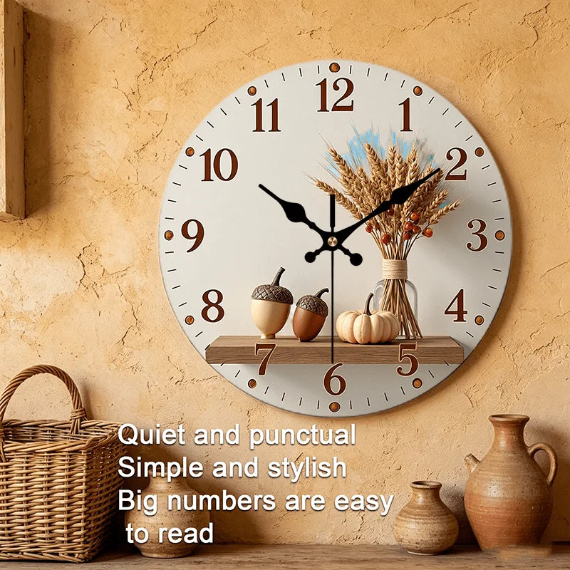 2D Flat. 1pc, Autumn Harvest Theme Wooden Wall Clock Silent Round Timepiece, Perfect Decor for Bedroom, Living Room, Office, Kitchen, And Bathroom, 12-Inch (AA Battery Not Included)