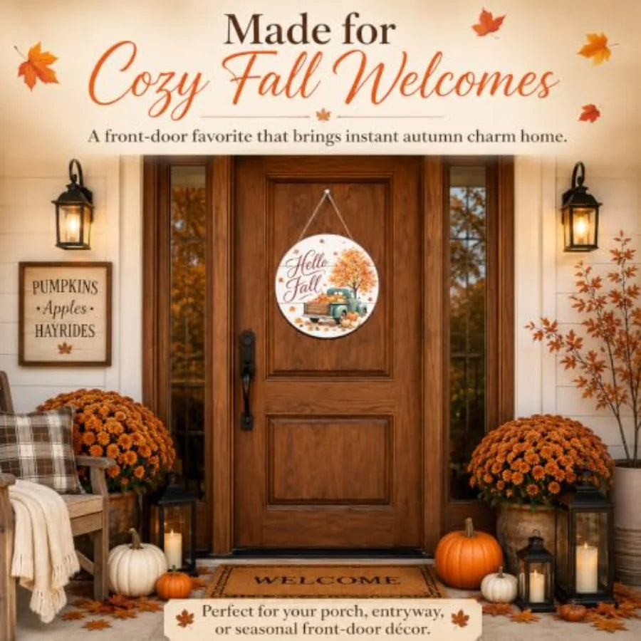 Fall Door Decor Wooden Hello Fall Sign, Pumpkin Truck Door Hanger Wooden Hello Fall pumpkin truck sign for front door, porch, w