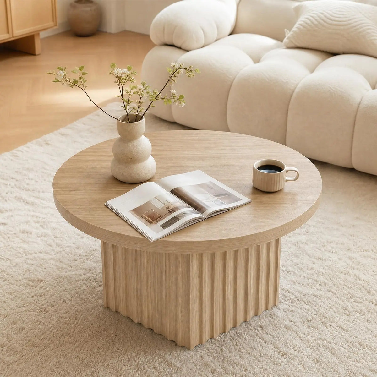 HiMISS Round Fluted Drum Coffee Table Modern Wood Pedestal