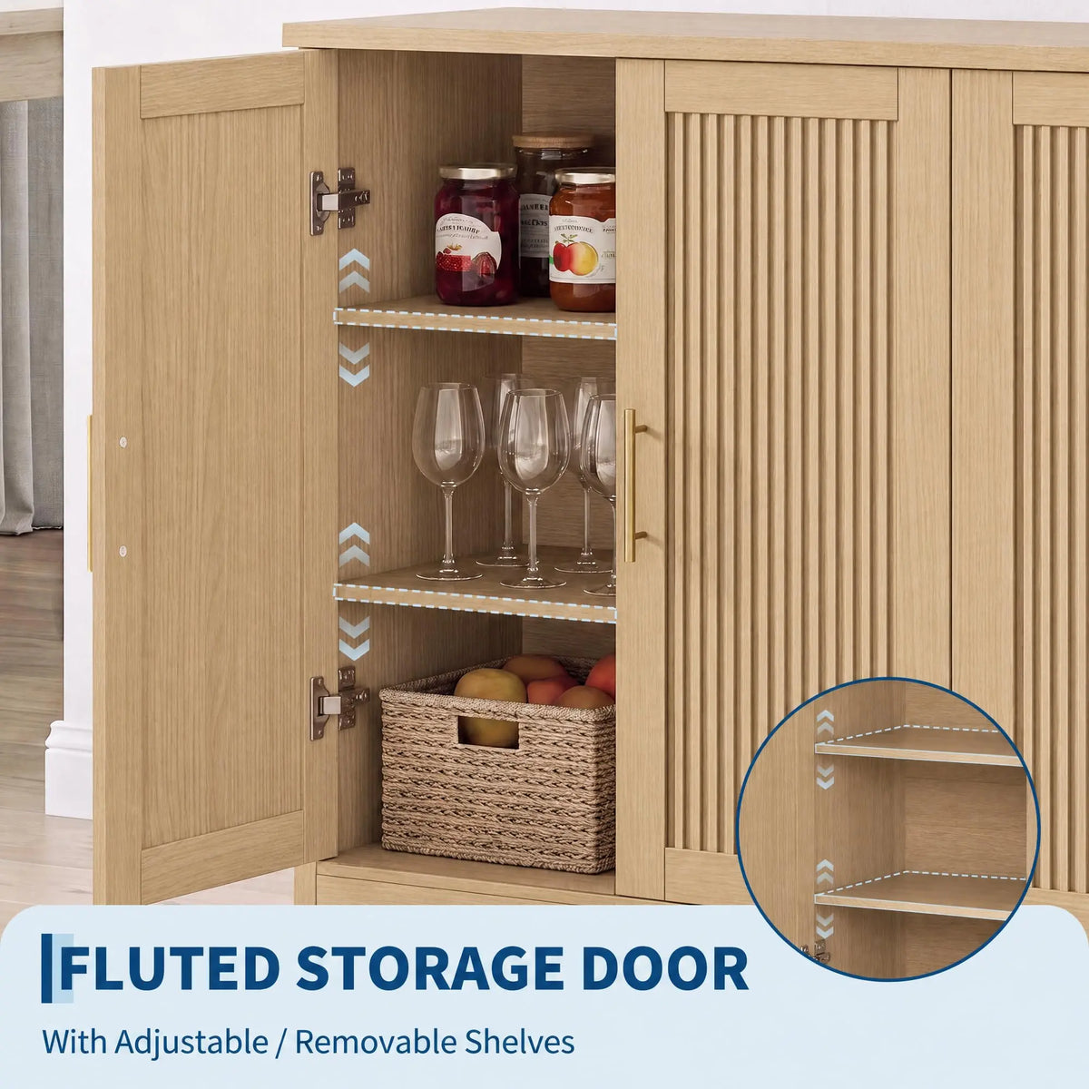 HiMISS Fluted Sideboard Buffet Cabinet With Shelves And Wine Rack