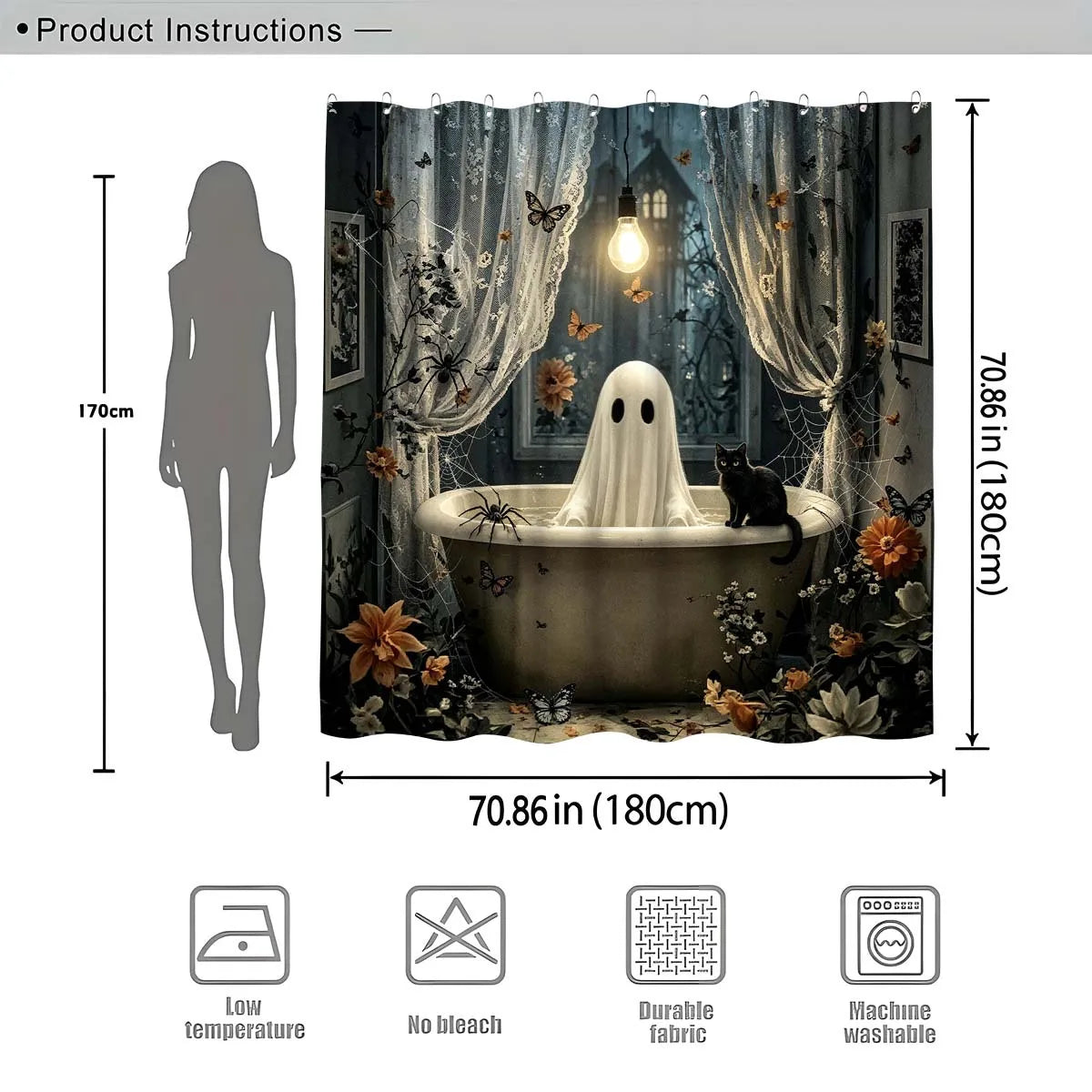 2D Flat, 1pc Shower Curtain, Gothic 2D Shower Curtain for Bathrooms, Includes a High-Quality 70.87 X 70.87inch Shower Curtain And 12 Durable Hooks. Bathroom Decor And Additions, Local Warehouse Items