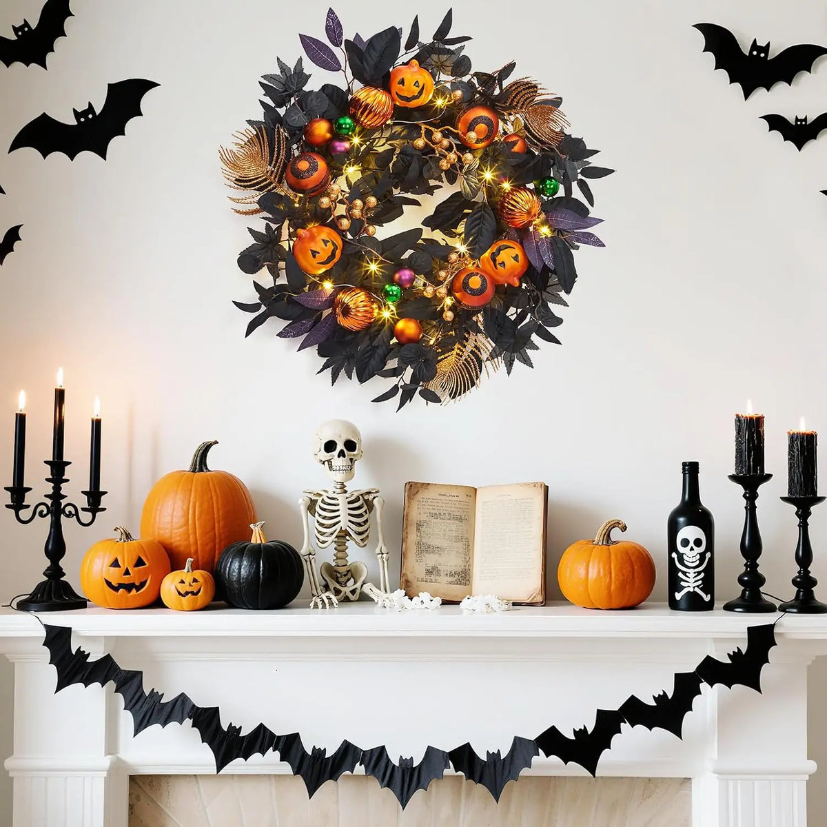 20" Halloween Pumpkin Wreath with 20 LED Lights, Ball Ornaments & Berries – Prelit Wreath for Front Door, Indoor Outdoor Window Hanging Decor