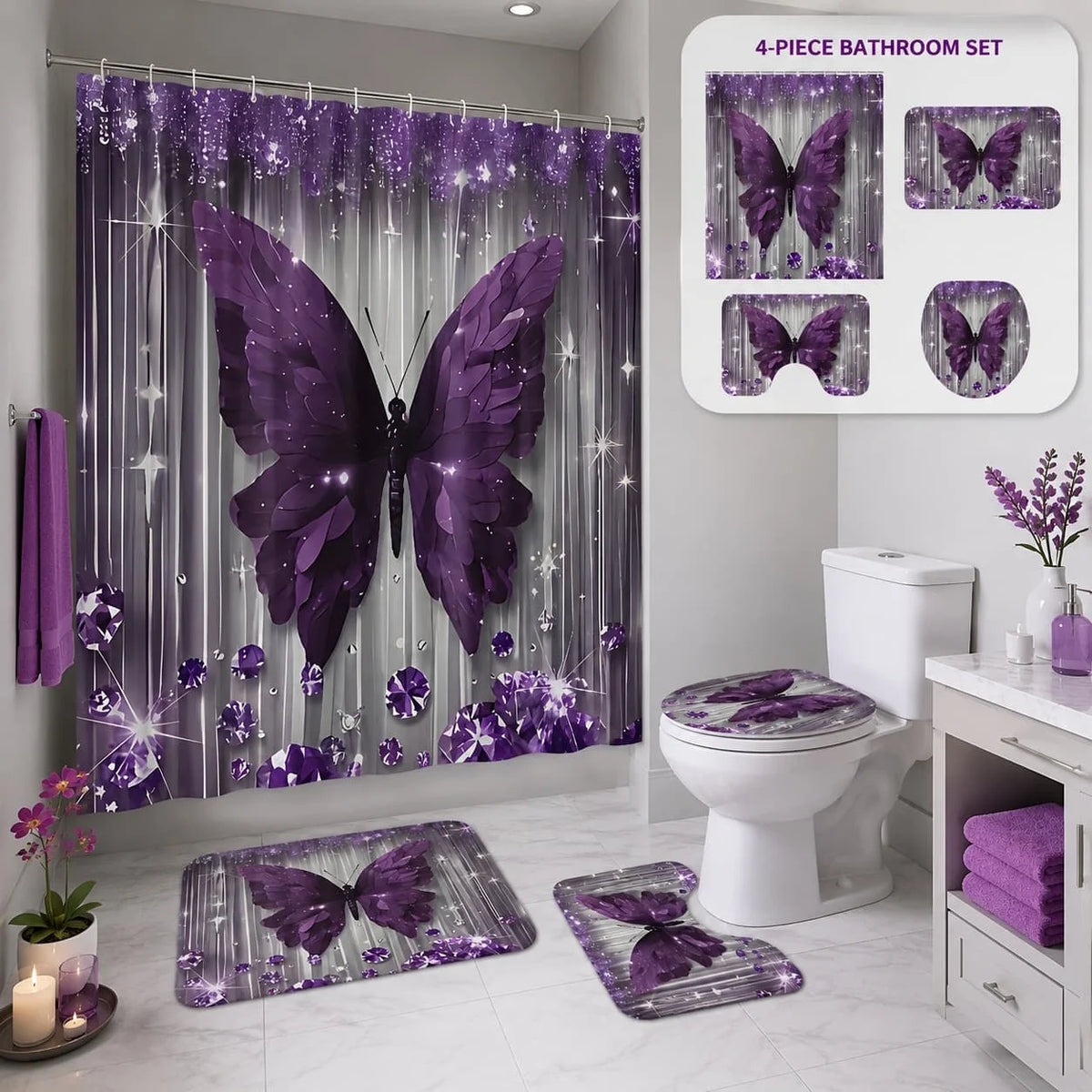 4pcs Purple Butterfly Bathroom Set with Shower Curtain, Non-Slip Rug & Toilet Cover - Machine Washable Suitable for Bath Decor, U-Shaped Mat, Hooks Included, Complete Bath Accessories for And