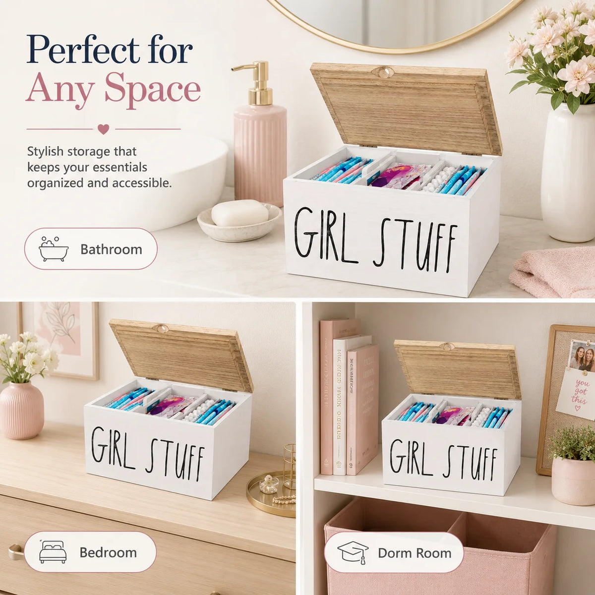Wooden Period Organizer Box with Lid, Divided Sanitary Napkin Storage Container, "Girl Stuff" Bathroom Drawer Caddy for Tampons, Pads, Feminine Hygiene Products