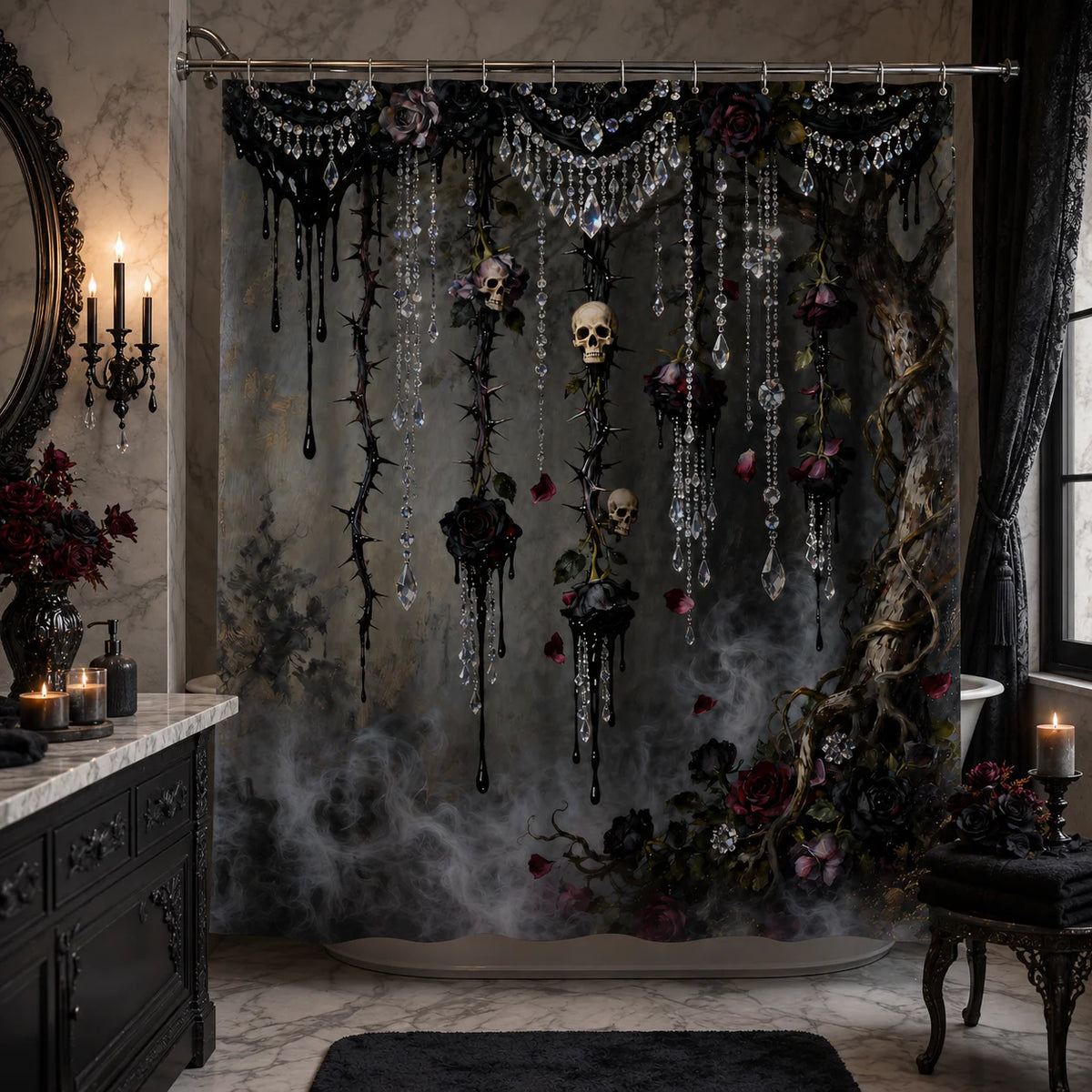 2D Flat, 1pc Shower Curtain, Gothic 2D Shower Curtain for Bathrooms, Includes a High-Quality 70.87 X 70.87inch Shower Curtain And 12 Durable Hooks. Bathroom Decor And Additions, Local Warehouse Items