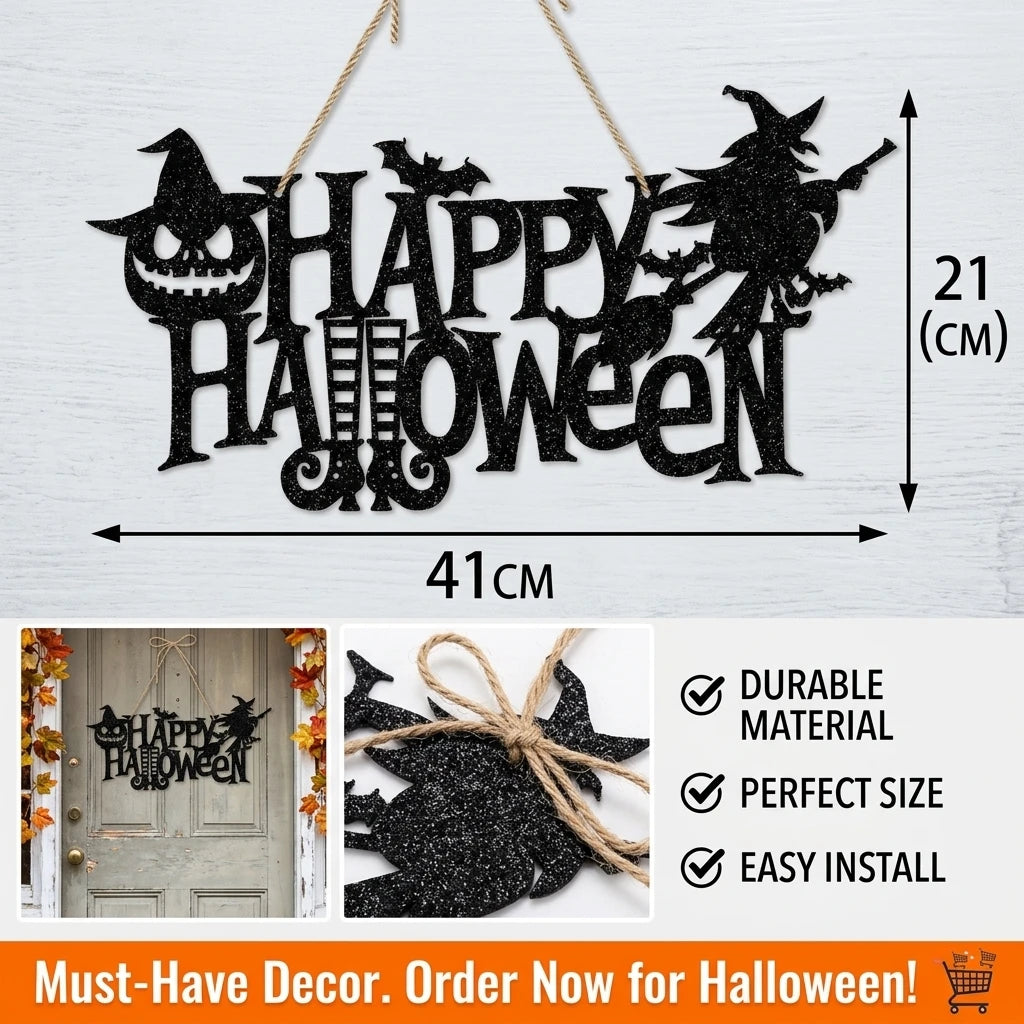 Halloween Hanging Sign Happy Halloween Door Decoration Glitter Black Witch Pumpkin Bat Wall Decor for Party Home Haunted House Bar Layout, 16.1x8.3 Inches (41x21cm)