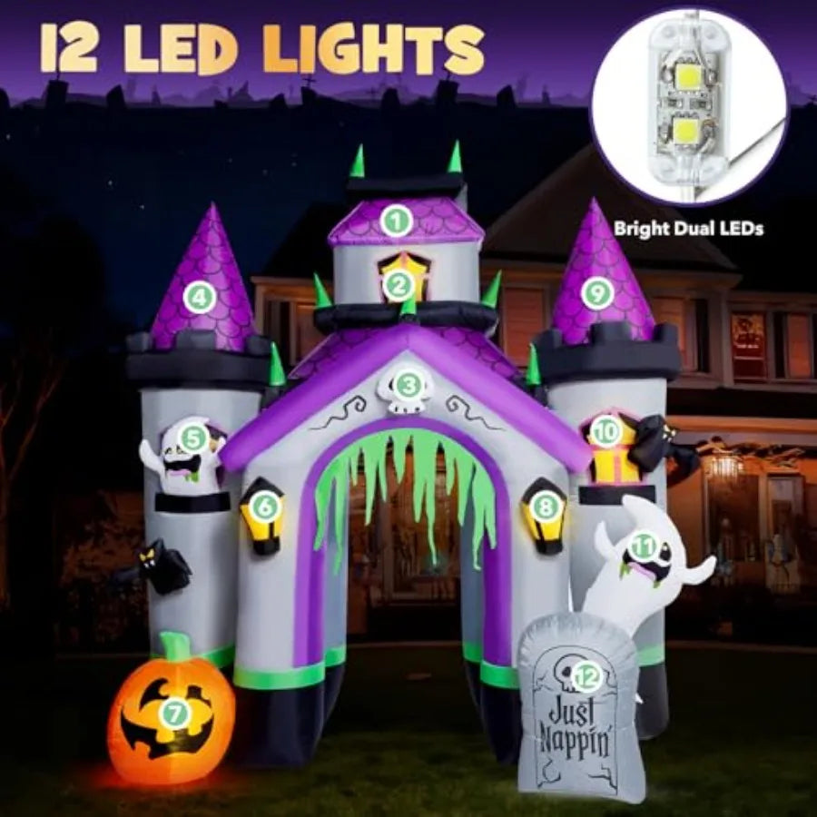Halloween outdoor inflatables: 12 FT haunted house castle archway, PVC material, black and purple, weather-resistant with built