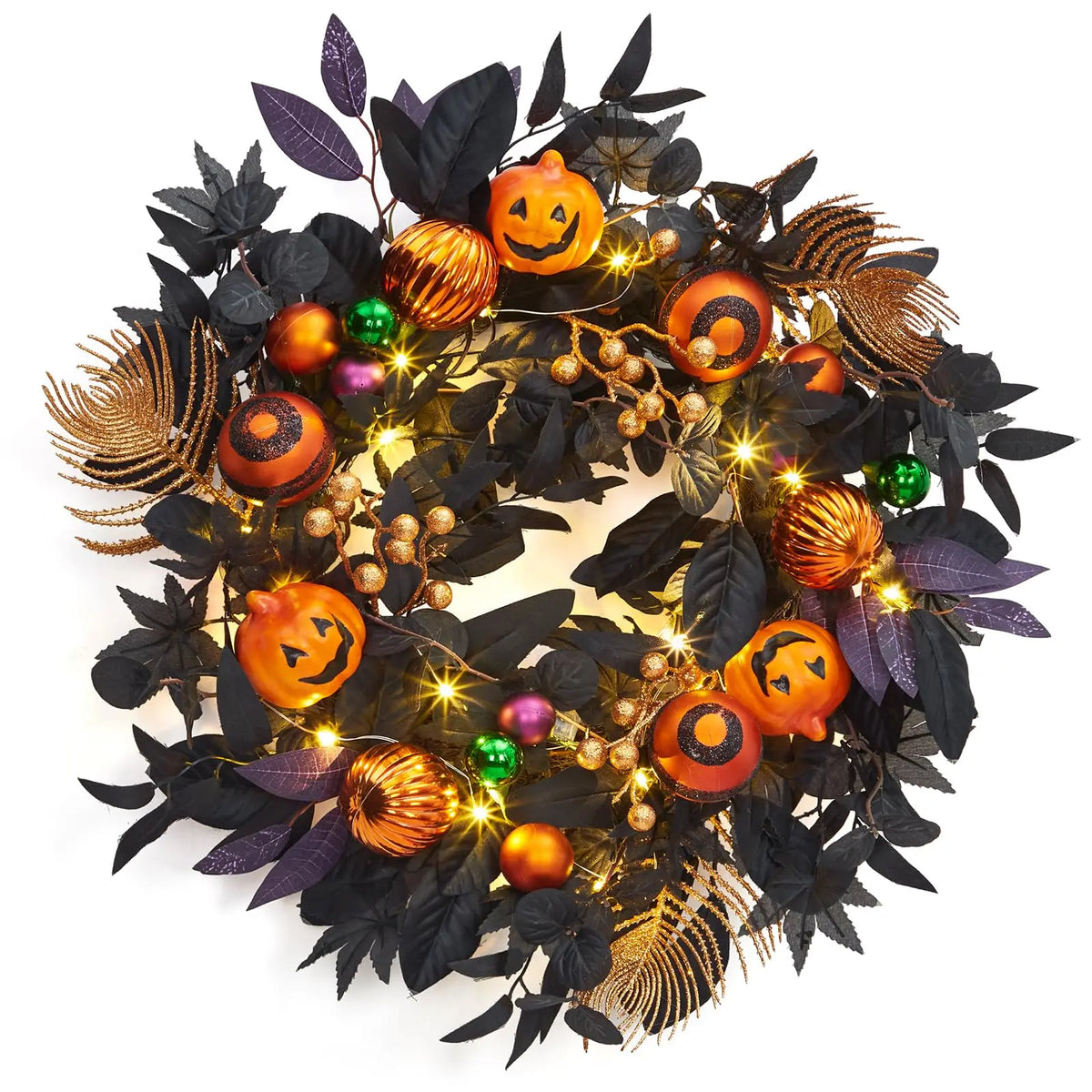 20" Halloween Pumpkin Wreath with 20 LED Lights, Ball Ornaments & Berries – Prelit Wreath for Front Door, Indoor Outdoor Window Hanging Decor