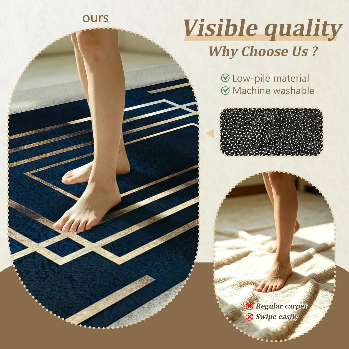 Large Indoor Area Rug, Soft Velvet Low Pile Non-Slip Dotted Backing Machine Washable, Navy Blue & Gold Geometric Rectangular Pattern, Ideal for Living Room Bedroom Entryway Home Floor Decor