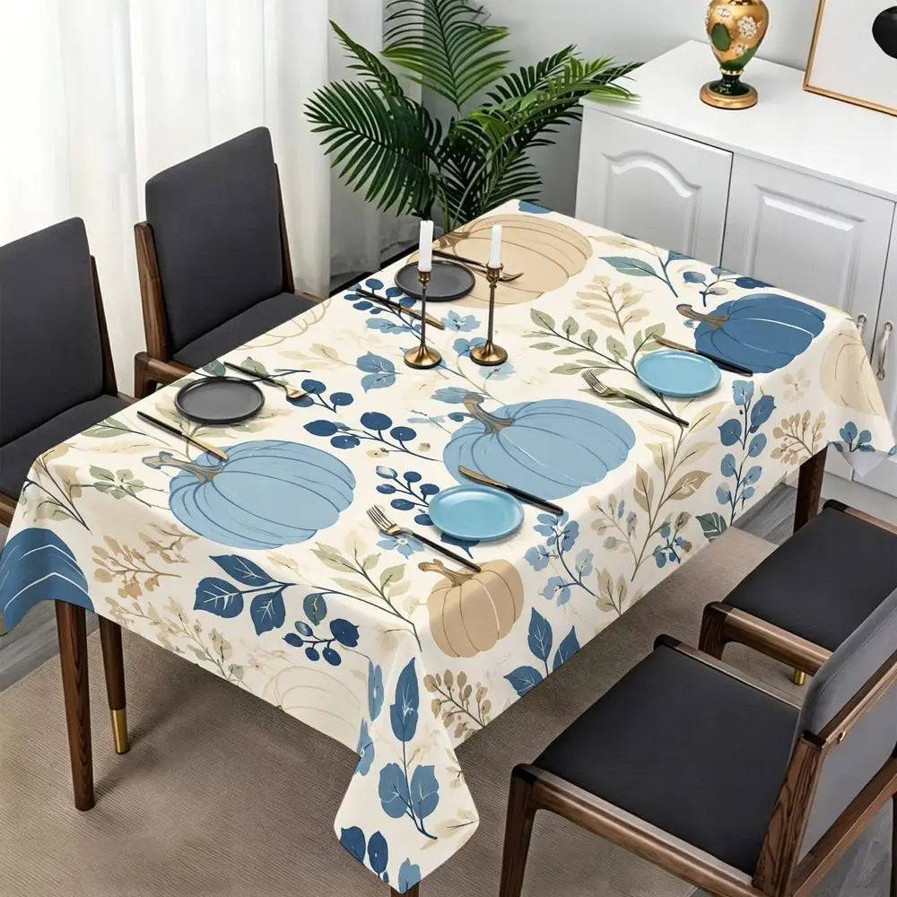 Fall Harvest Dining Tablecloth - Blue Pumpkins And Floral Pattern, Cream Farmhouse Style Decor, Durable Fabric, Rectangular, Suitable for Autumn Home Kitchen, Thanksgiving Dinner, Holiday Party, Dining Room Table Cover, Indoo