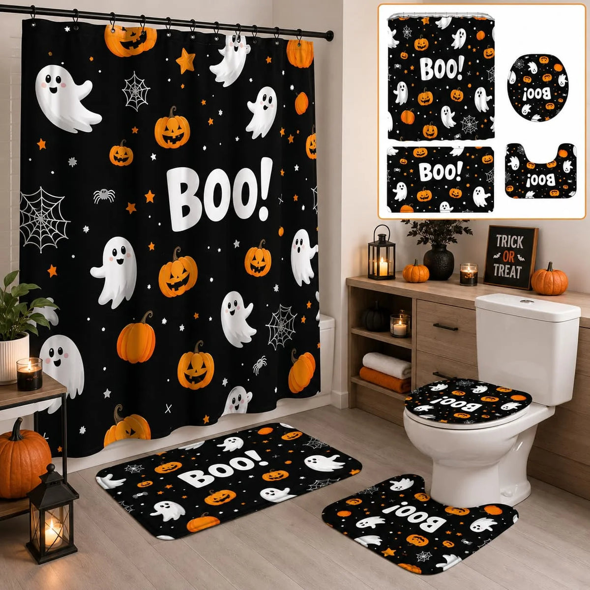 4pcs Halloween Boo Pumpkin Lantern Ghost Shower Curtain Set, Halloween Decor Bathroom Curtain Set with 12 Hooks Included Non-Slip Bathroom, Toilet U-Shaped, Toilet Lid Cover, Bathroom Additions Halloween Gift