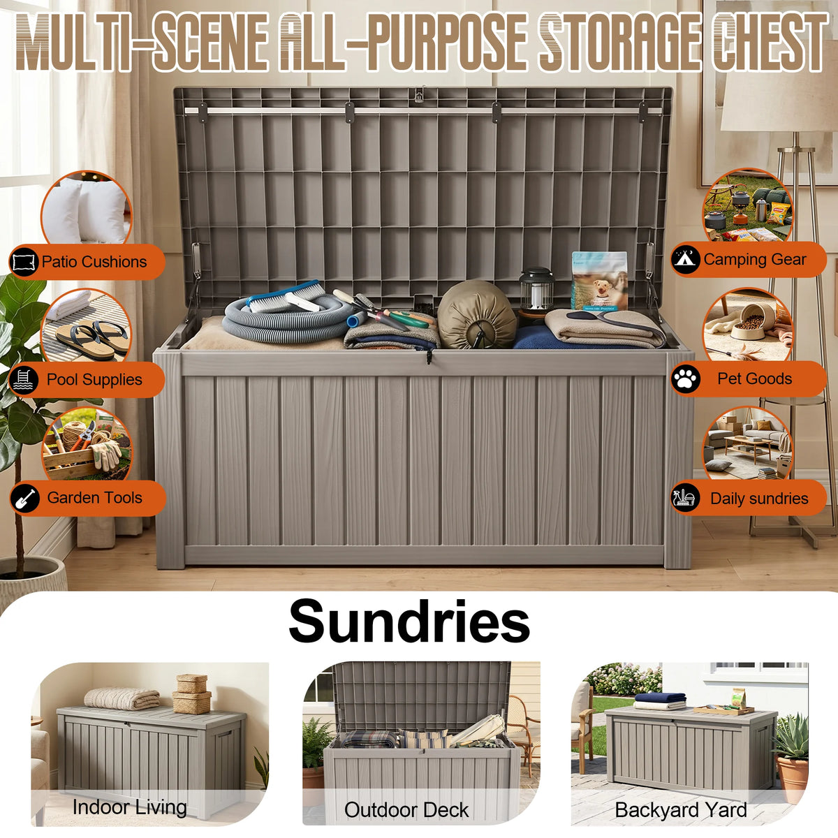 Oversized 120 Gallon Vertical Wood-Look Resin Outdoor Storage Box, All Season Lockable Deck Organizer for Large Patio Cushions & Yard Care Gear