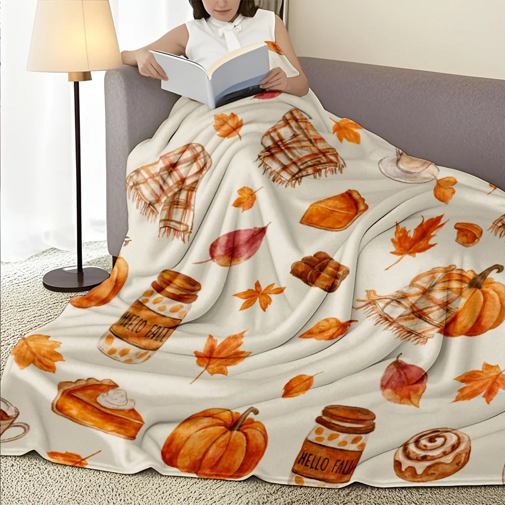 1pc, Autumn Pumpkin And Maple Leaf Pattern Flannel Blanket, Soft And Comfortable, Single-Sided Print, Suitable for Sofa And Camping And Office Nap Blanket, Thanksgiving Christmas Halloween Holiday Gift Blanket