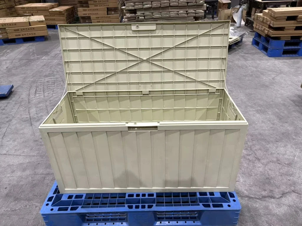 Oversize 44.09×18.90×21.26 Inch Outdoor Plastic Storage Box, Beige Heavy Duty Tool Chest with 6 Split Panels. Comes with 3 latches, 2 connecting ropes & 2 rolling wheels. Waterproof UV-resistant hard plastic, large capacity