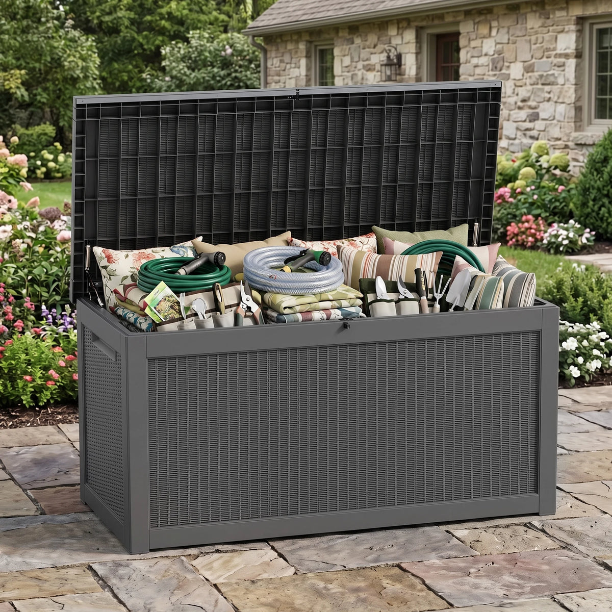 260 Gallon Weather Resistant Resin Deck Storage Box Lockable Waterproof Outdoor Patio Garden Pool Storage Chest for Cushions Tools Supplies
