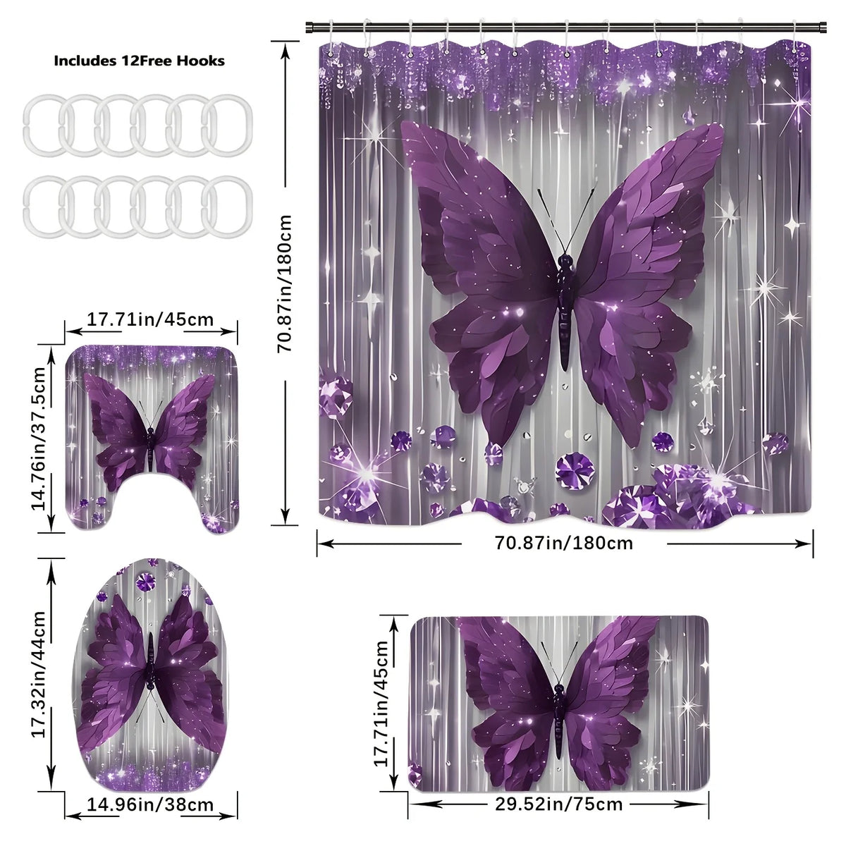 4pcs Purple Butterfly Bathroom Set with Shower Curtain, Non-Slip Rug & Toilet Cover - Machine Washable Suitable for Bath Decor, U-Shaped Mat, Hooks Included, Complete Bath Accessories for And
