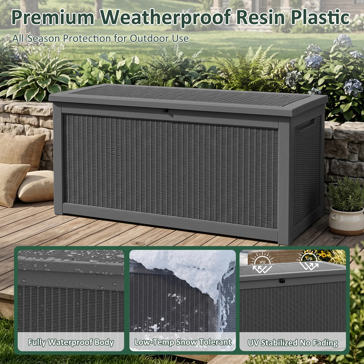 260 Gallon Weather Resistant Resin Deck Storage Box Lockable Waterproof Outdoor Patio Garden Pool Storage Chest for Cushions Tools Supplies