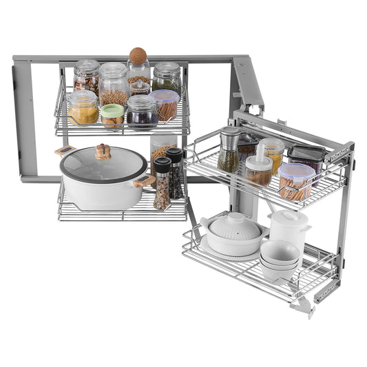 VEVOR 18"W Opening Blind Corner Pull Out Organizer 2 Tier Slide Out Storage Organizer Magic Chrome Carbon Steel Storage Basket