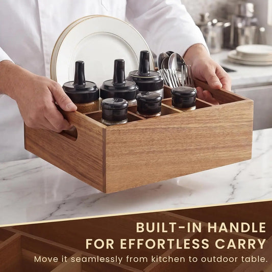 Multi-Compartment Garvee Wood Flatware Caddy with Handles, Multi-Compartment Divided Utensil Holder Organizer for Kitchen Counter, Buffet, Picnic & Dining Table