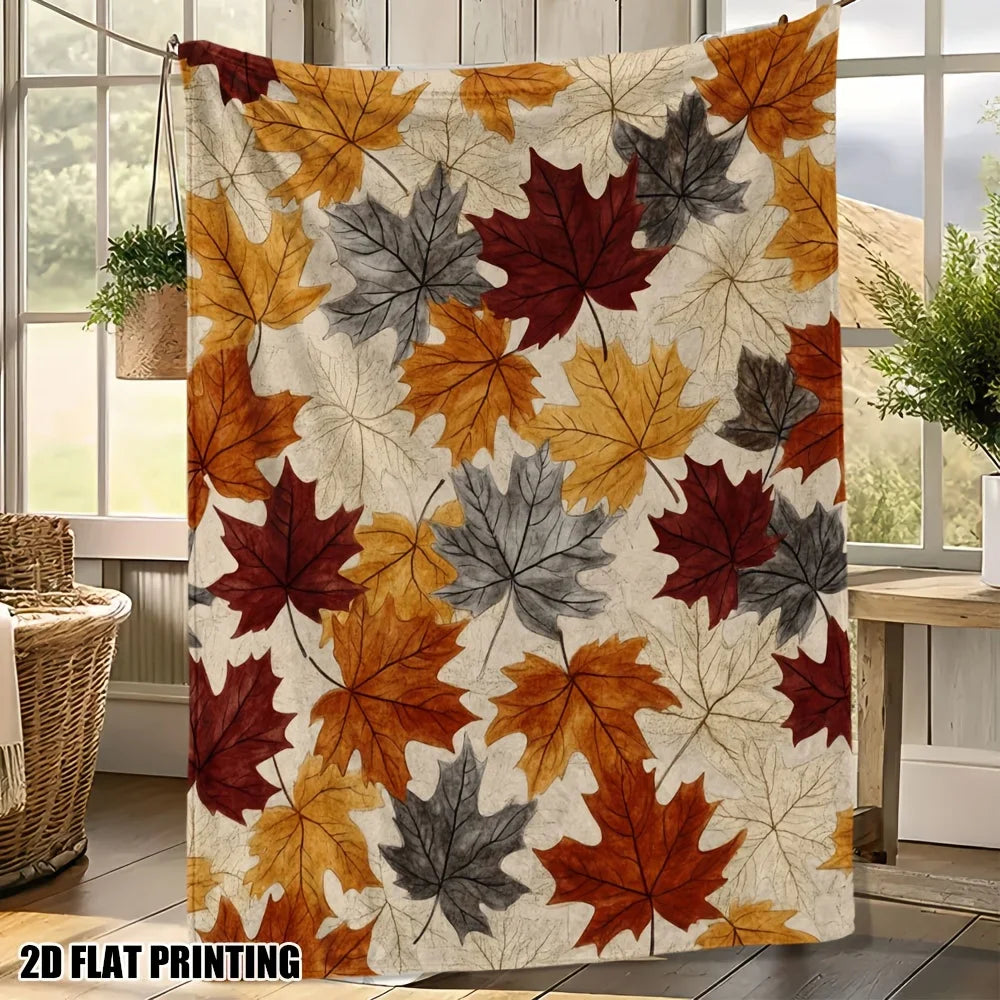1pc Ultra-Soft Twin Size Autumn Maple Leaf Print Flannel Throw Blanket - Red Orange Yellow Brown Beige Plush All-Season Bedspread for Couch, Bed, Camping & Office - Cozy 2D Flat Printed Durable Fabric, Contemporary Fall Decor