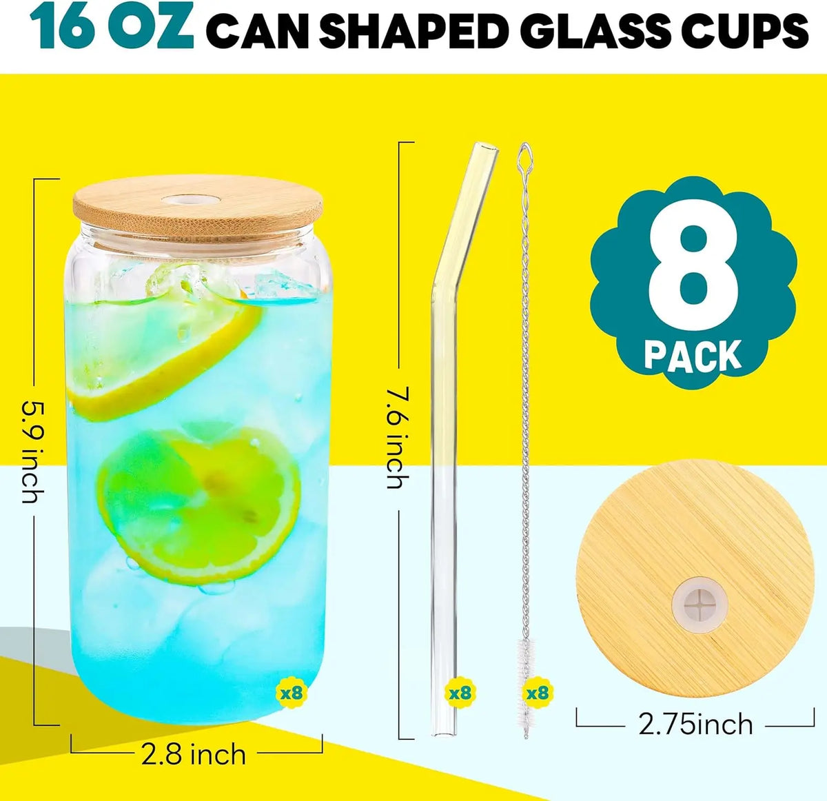 Tyrixma 4PCS Glass Cups with Bamboo Lids and Straws, 16OZ Ice Coffee Cup, Drinking Cup Set with Wooden Lids, Home Essential Glass Tumblers for Beer, Cocktail, Tea and Latte Clear.