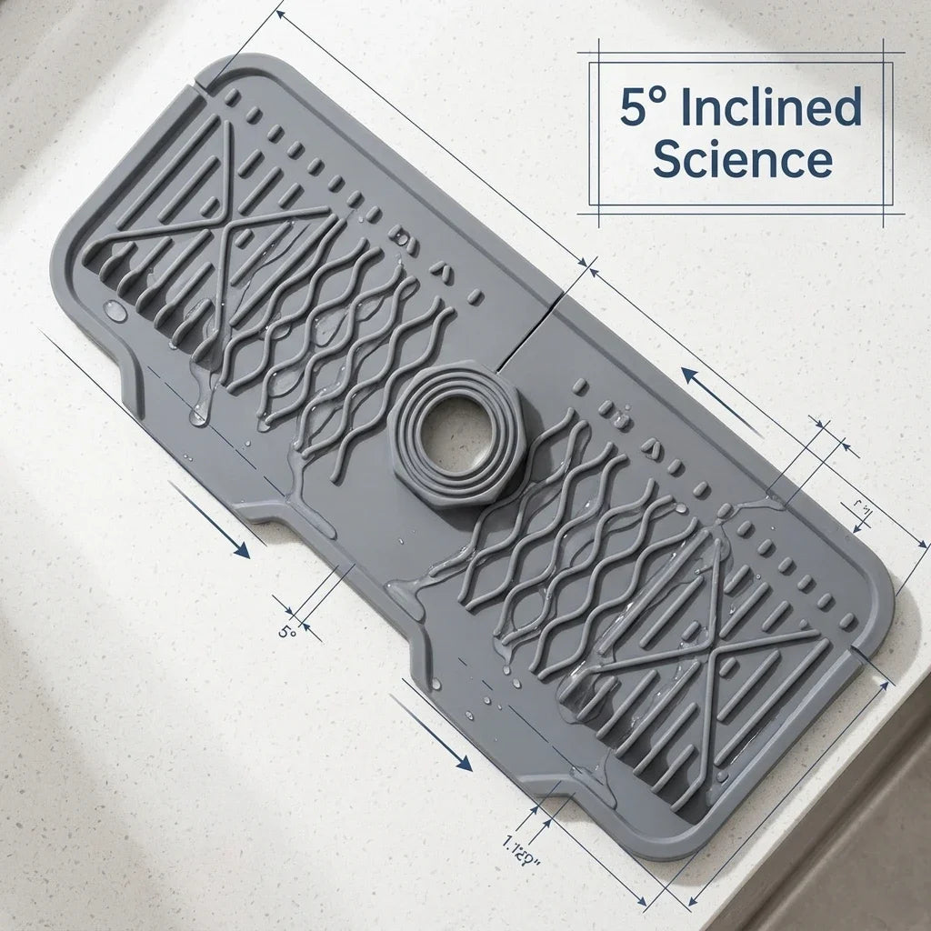 Silicone Faucet Mat Kitchen Sink Splash Guard, 17 Inch Self Draining Drip Catcher with Gravity-Led Drainage System, 5° Inclined Science Adaptive Fold Draining Mat for Bathroom Countertop, Matte Dark Gray Universal Fit Faucet