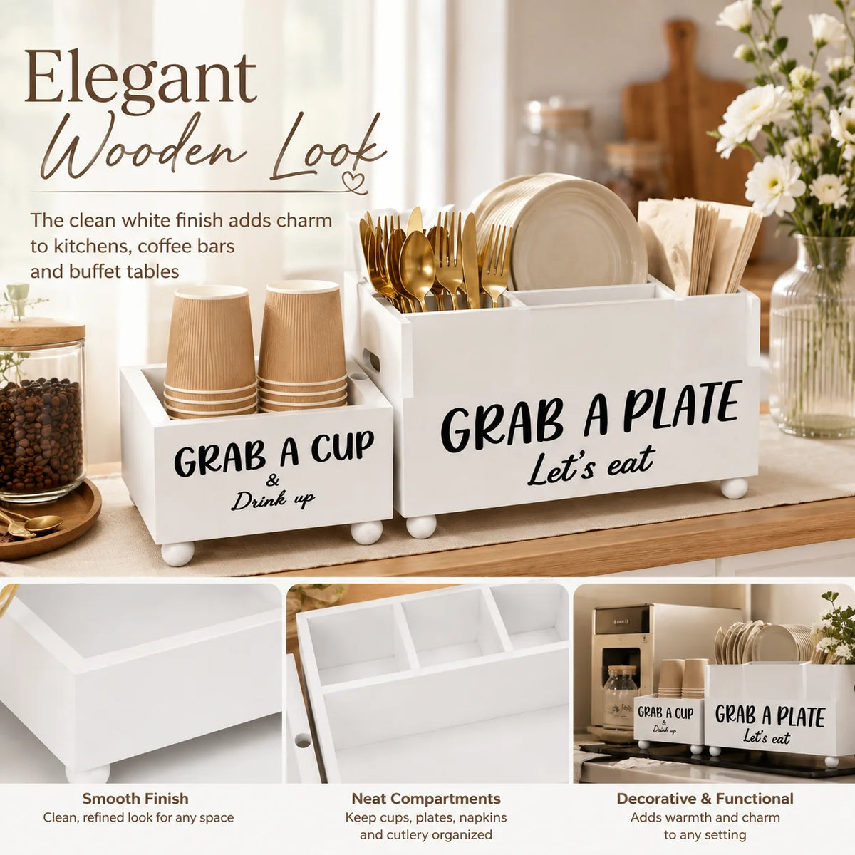Paper Plate Holder, Utensil Caddy Organizer, Wood Paper Plate Dispenser, Silverware Caddy Holder, and Disposable Coffee Bar Accessories Box for Kitchen Counter, Party, Camping, Picnic