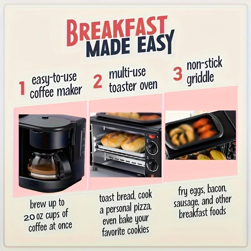 3-in-1 Breakfast Machine with Automatic Shutoff Non-Stick Coating for Easy Cleaning Sear Eggs Toast Bread Make Coffee Timer Function