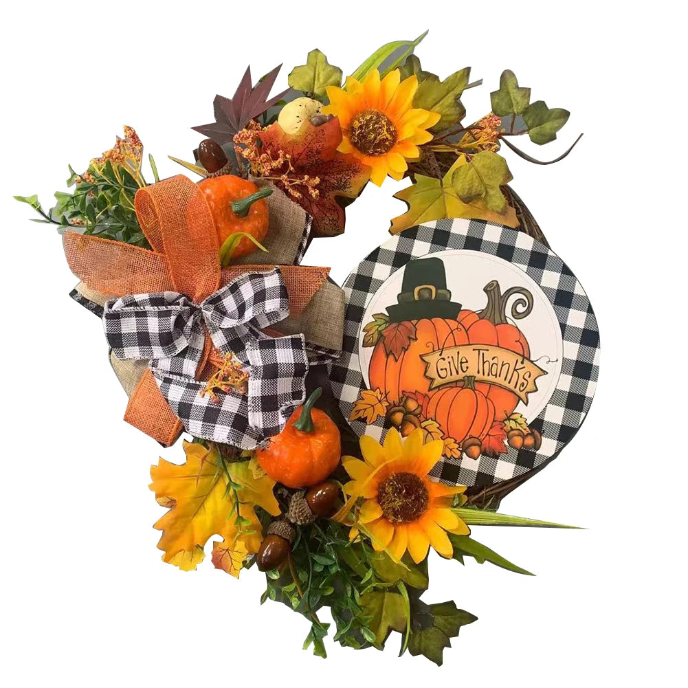 40cm Artificial Pumpkin Wreath Thanksgiving Garland Door Hanger Front Door Autumn Wreath for Thanksgiving Harvest Party Decor