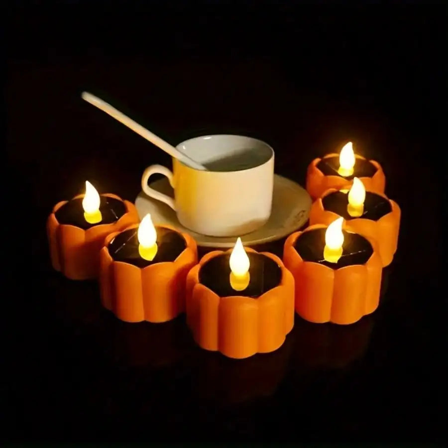 6 Pack Pumpkin Candles Halloween Decorations Solar Powered Lights Waterproof Outdoor Flameless LED Flicker Pumpkin Light for Jack-o'-Lanterns Garden Party Holidays