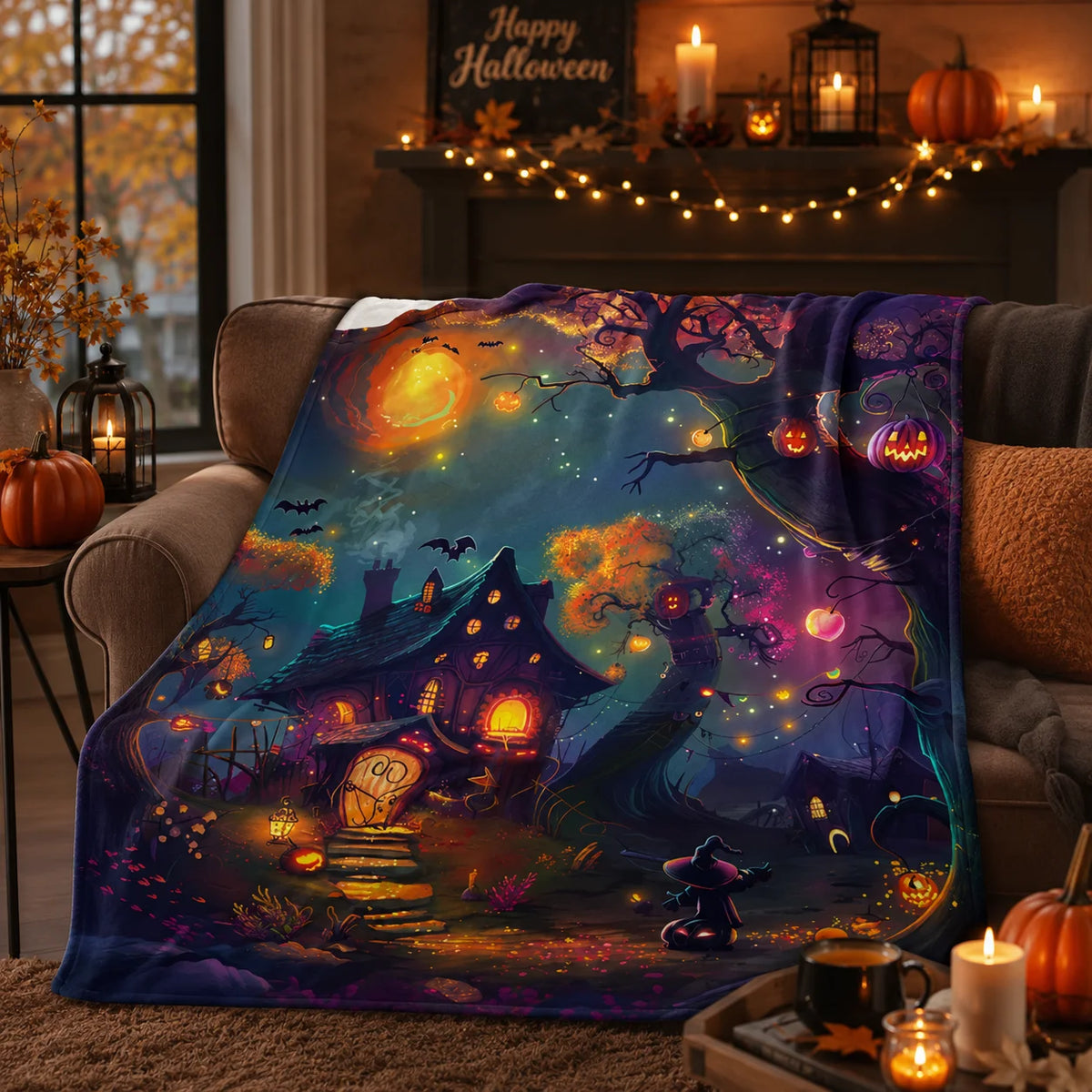 Halloween Throw Blanket - Cozy Autumn Decor with Witch and Haunted House