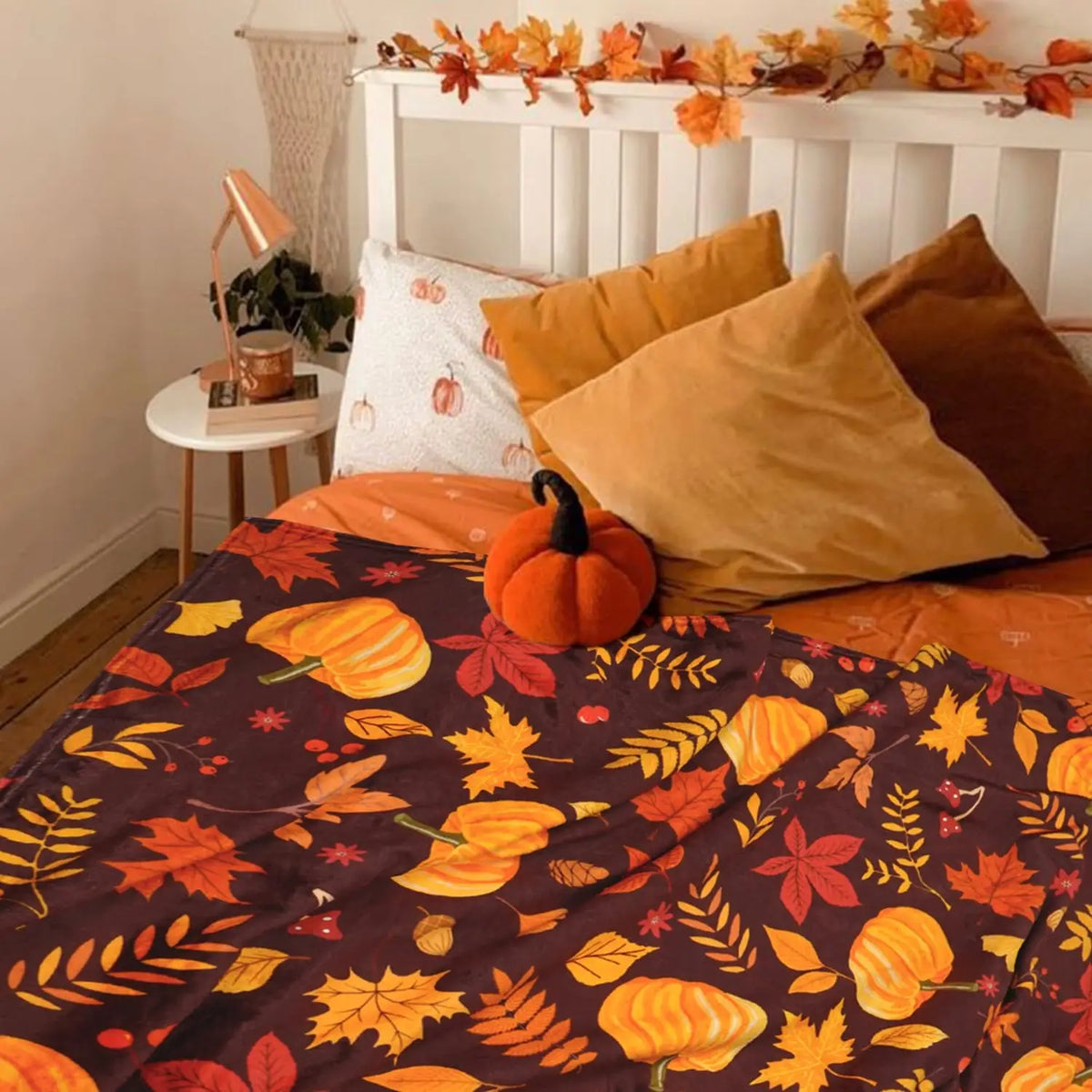 50"x60" Fall Pumpkin Maple Leaf Throw Blanket, Red Brown Soft Flannel Fleece Blanket, Warm Cozy Thanksgiving Harvest Decorative Blanket for Sofa Couch Chair, Fall Home Gift for Family Friends