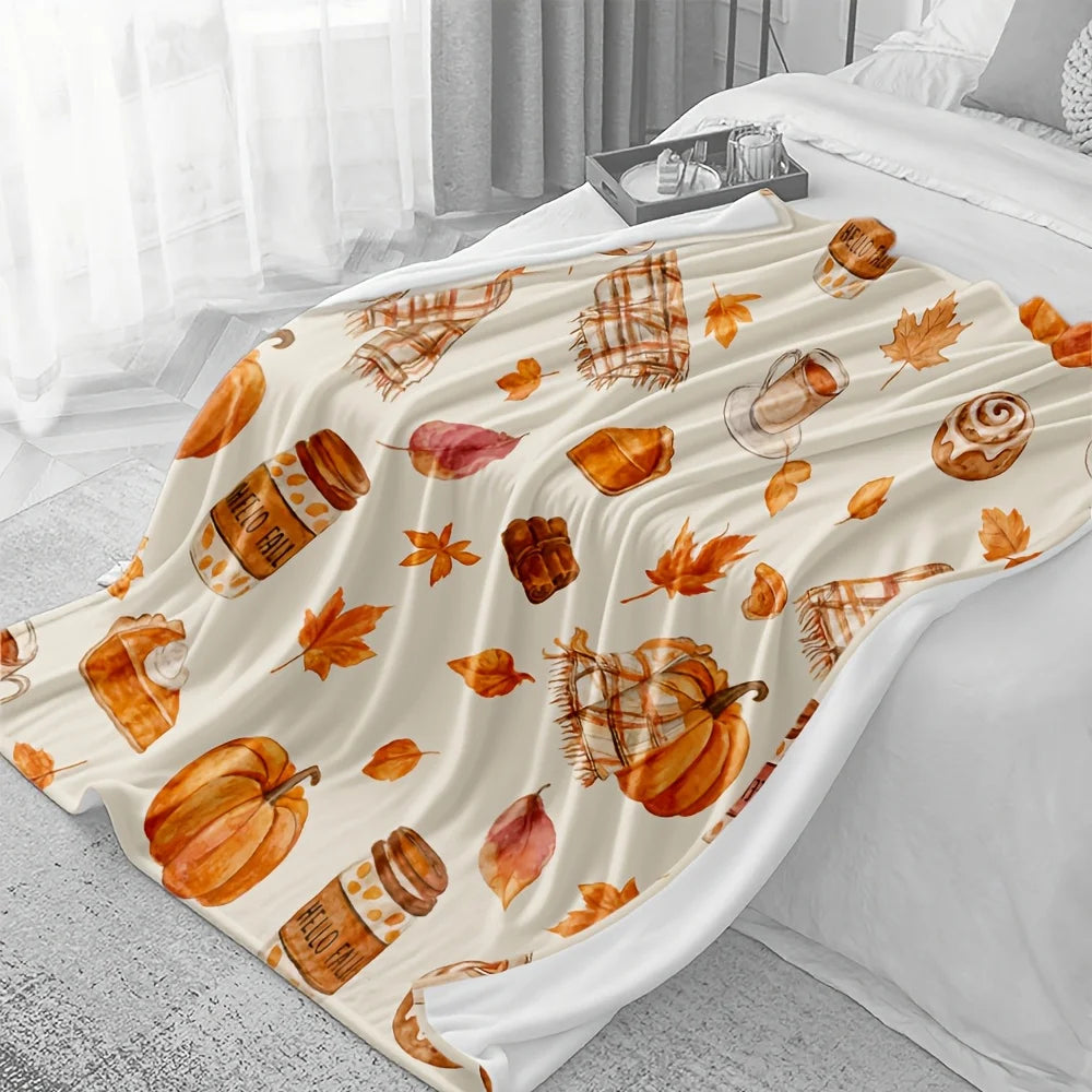 1pc, Autumn Pumpkin And Maple Leaf Pattern Flannel Blanket, Soft And Comfortable, Single-Sided Print, Suitable for Sofa And Camping And Office Nap Blanket, Thanksgiving Christmas Halloween Holiday Gift Blanket