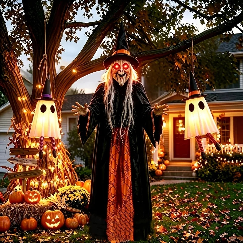 3D Halloween Glowing Witch Decoration Life Size Human Height Oversized Standing Design Black Gauze Robe Pumpkin Lantern Porch Scene Display Terrifying Holiday Atmosphere