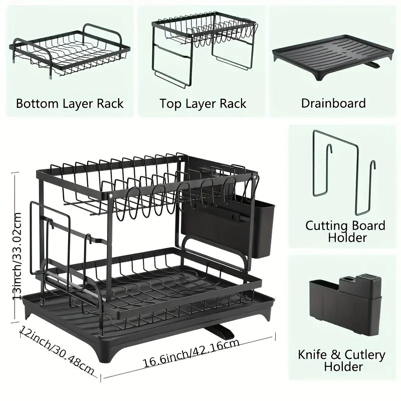 Large-Capacity Double-Layer Kitchen Storage Rack-Metal Dishes with Drainage Function and Tableware Stand, Suitable for Bowls, Cups, Cutting Boards-No Assembly Required