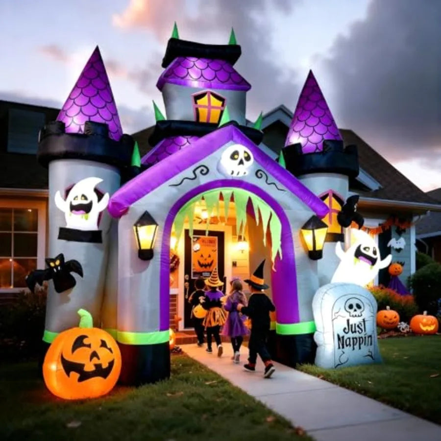 Halloween outdoor inflatables: 12 FT haunted house castle archway, PVC material, black and purple, weather-resistant with built