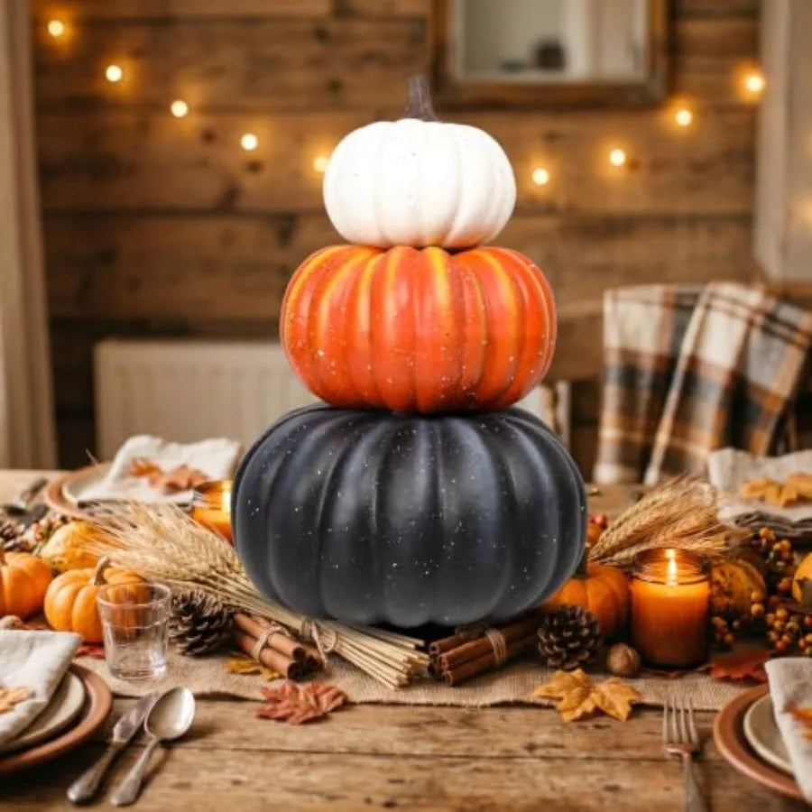 Porch autumn decor: 23-inch stacked faux pumpkins in black, orange, white; 3-tier stackable design for Halloween, Thanksgiving,