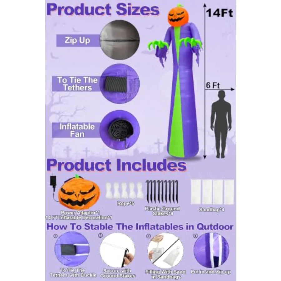 14 FT Giant Halloween Inflatable Pumpkin Outdoor Decorations: weather-resistant PVC, orange, quick-inflate with built-in fan, U