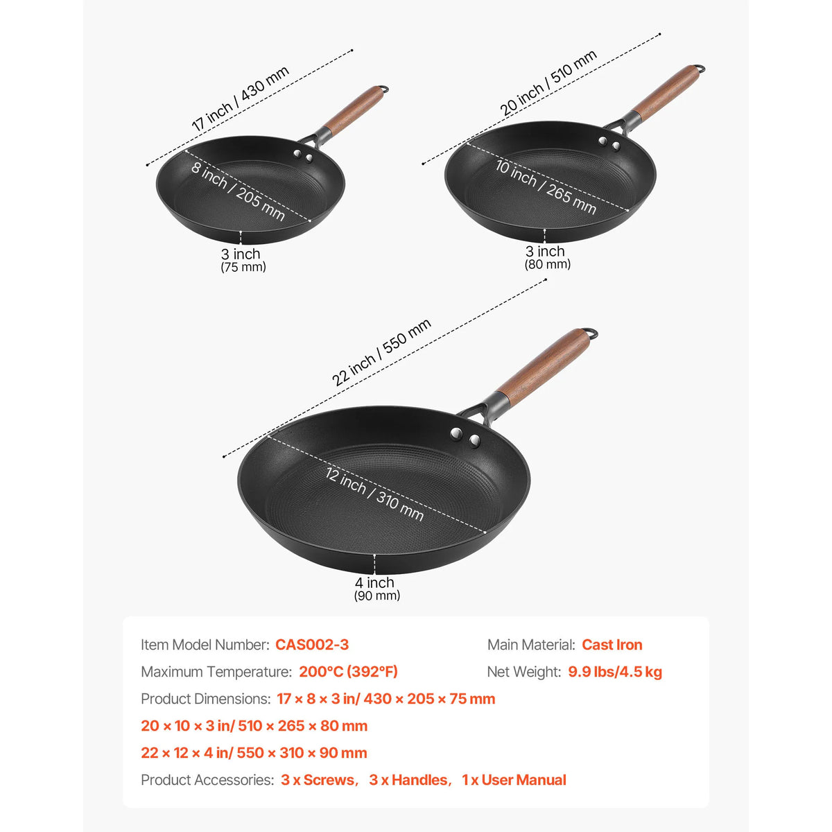 SucceBuy Cast Iron Skillet 3-Piece Frying Pan Set Nonstick Skillets with Wood Handle Kitchen Cookware for Gas Electrical Black