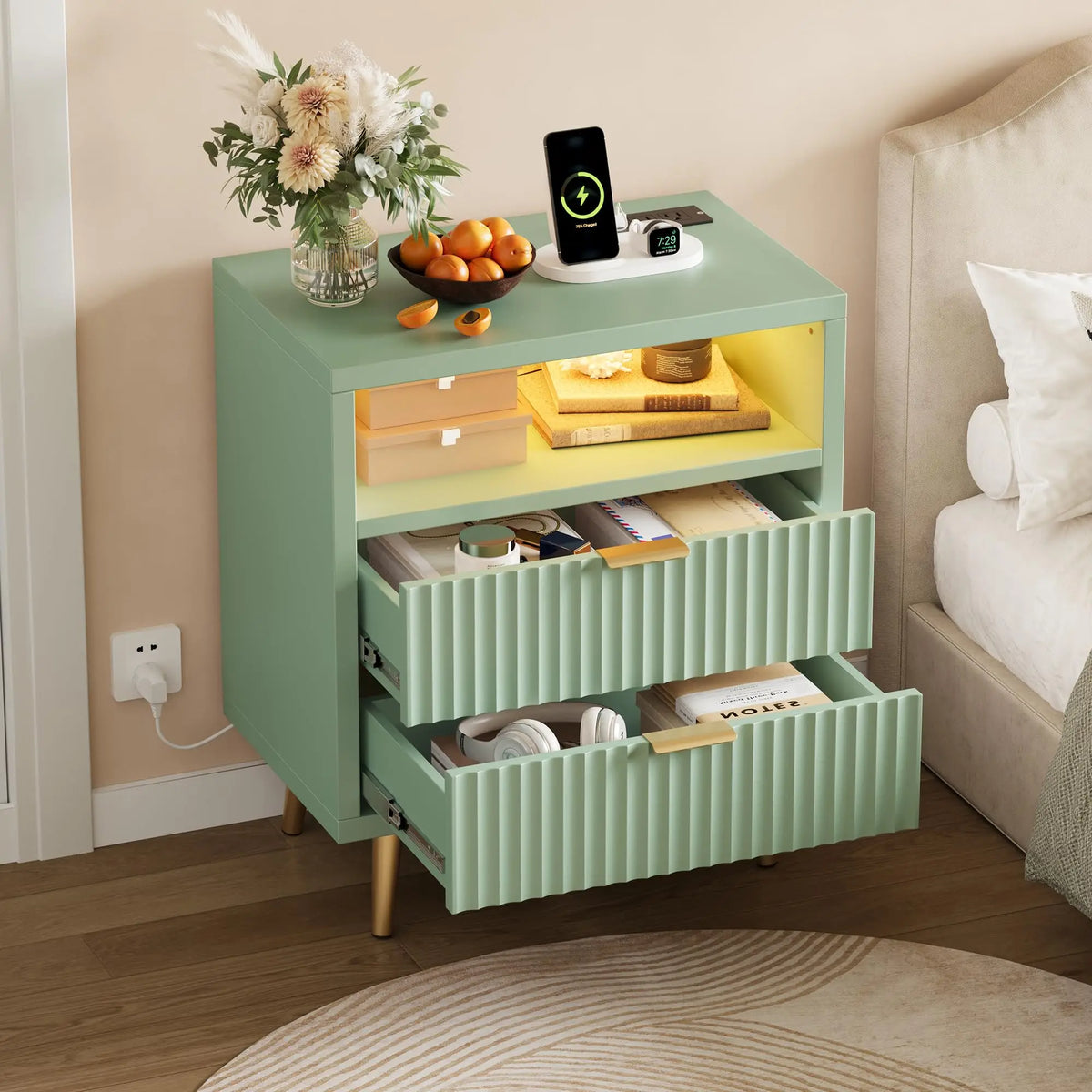 HiMISS LED Nightstand With Charging Station Drawers And Open Shelf