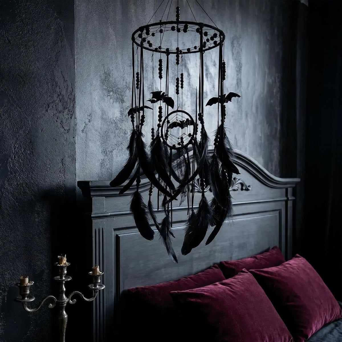 Halloween Gothic Black Dreamcatcher with 5 Bat Ornaments - Wall Hanging for Witchy Home Outdoor Decor, Halloween Bat Decor, Dark Gothic Gift, Goth Wall Hanging Decor
