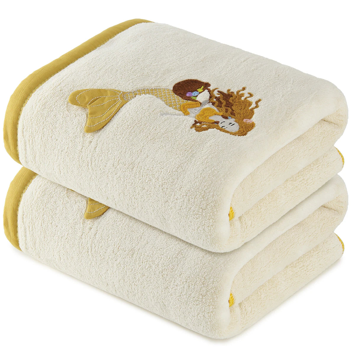 2‑Pack Coral Velvet Bath Towels, Mermaid Embroidered Pattern, Soft & Cozy, High Water Absorbency, Ideal for Bathing, SPA, Swimming, Yoga, Salon Use